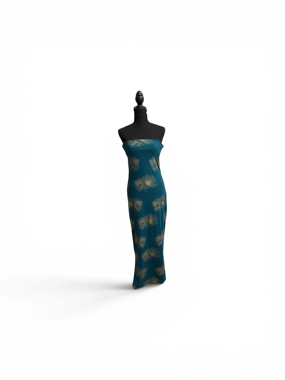 Strapless Teal Evening Column Dress with Gold Floral Accents